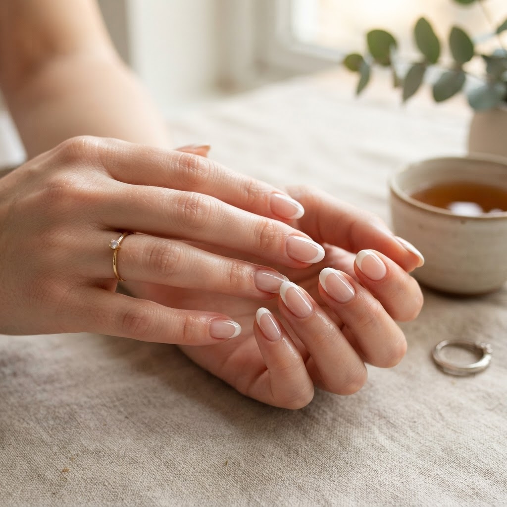 The perfect short almond French tip press-on set for a clean, elegant look.