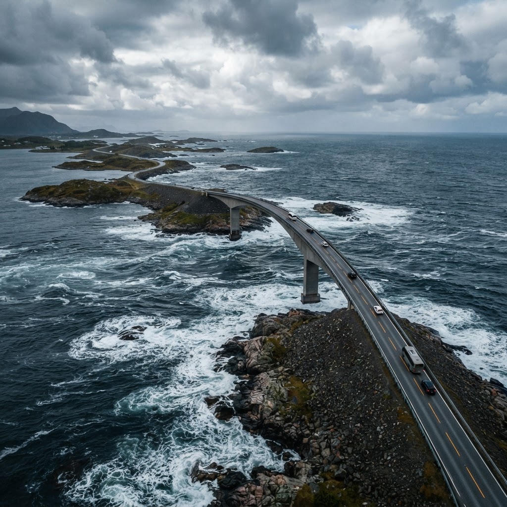 The iconic Storseisundet Bridge defies gravity above the Atlantic waves.