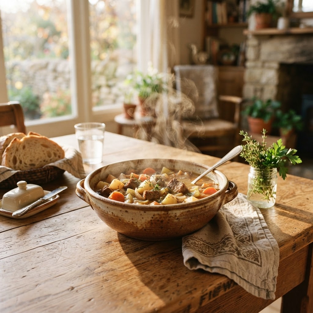A bowl of slow cooker beef stew served in a rustic setting.