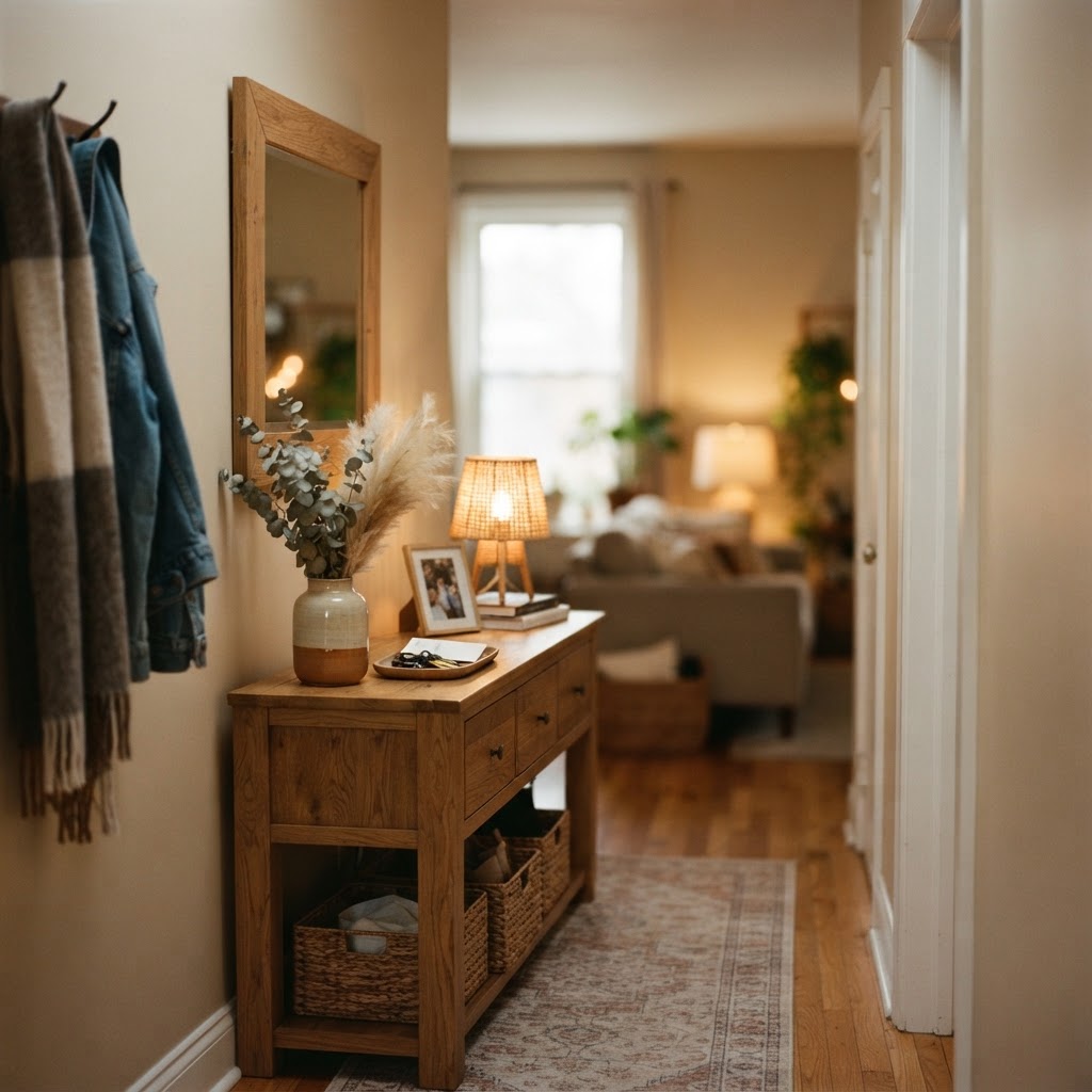 Console tables with drawers maximize surface area.
