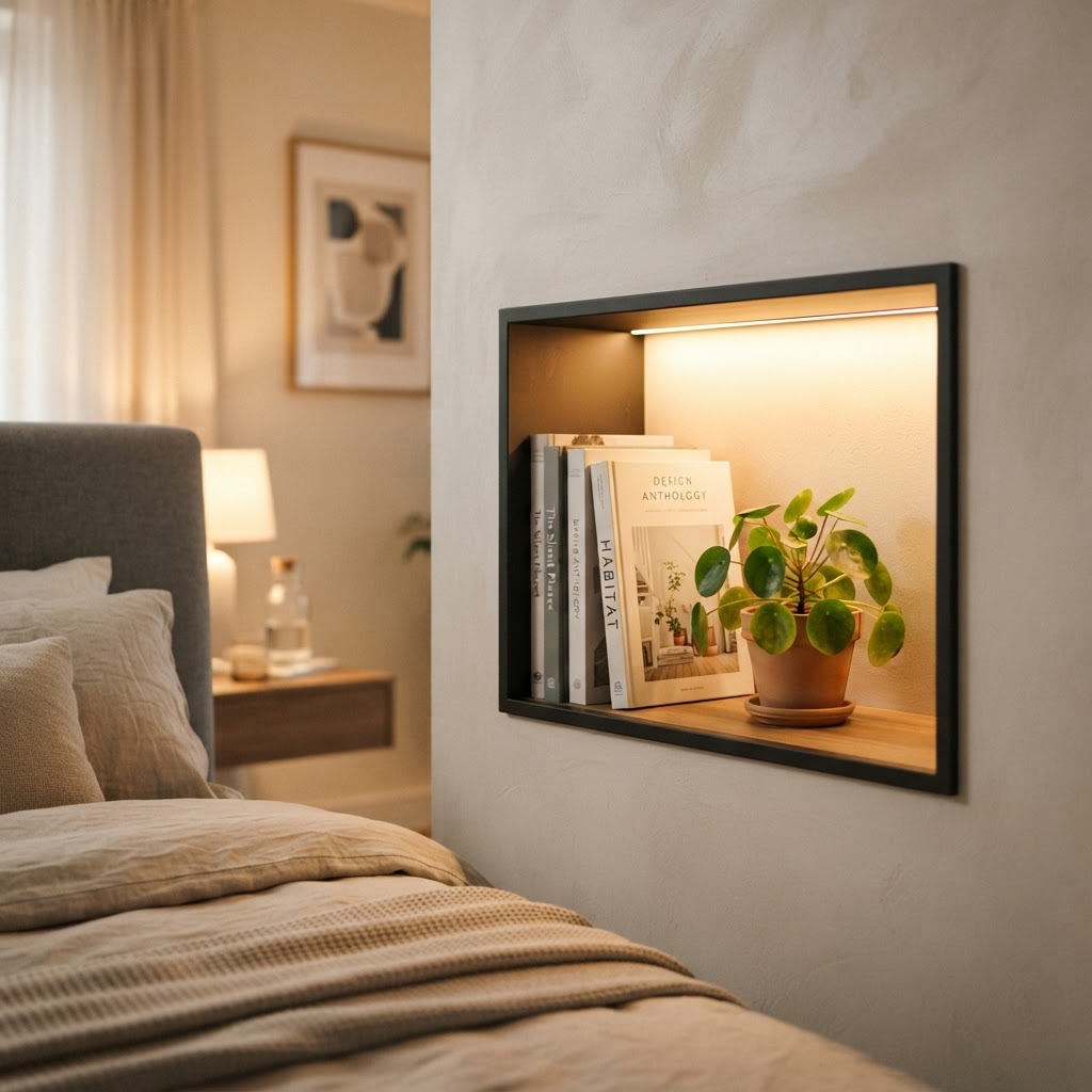 Recessed niches save space while providing elegant storage.