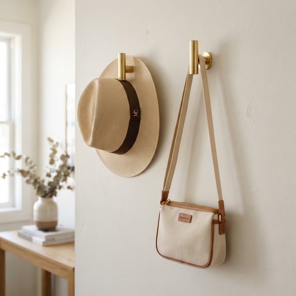 Gold peg hooks provide an elegant, space-saving storage solution.