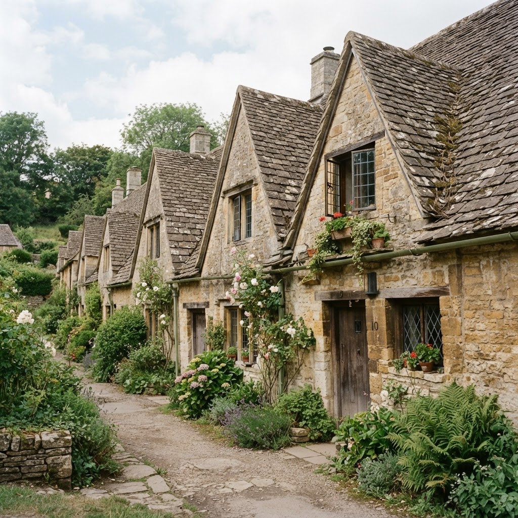 The iconic 14th-century weaver cottages at Arlington Row in Bibury.