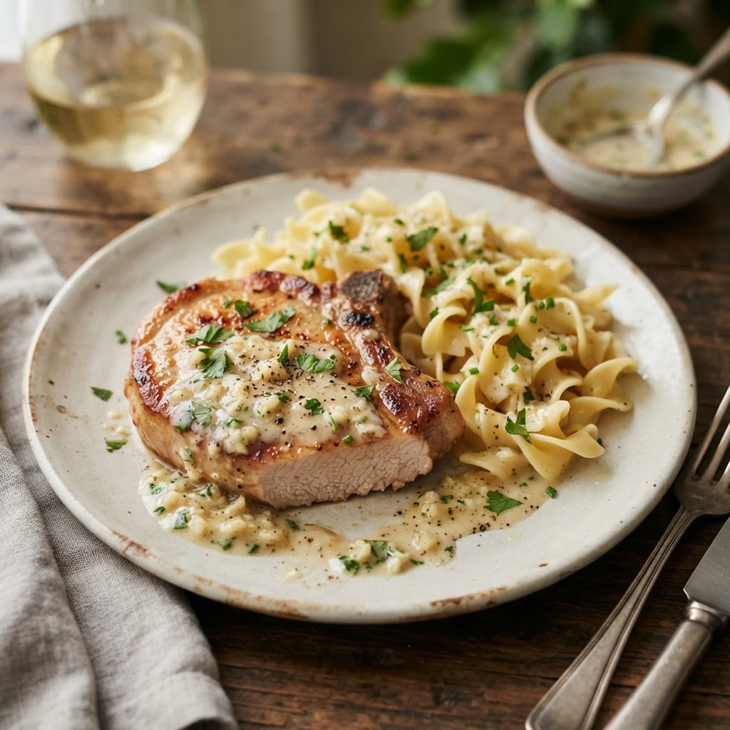 A perfect serving of pork chops over creamy egg noodles.