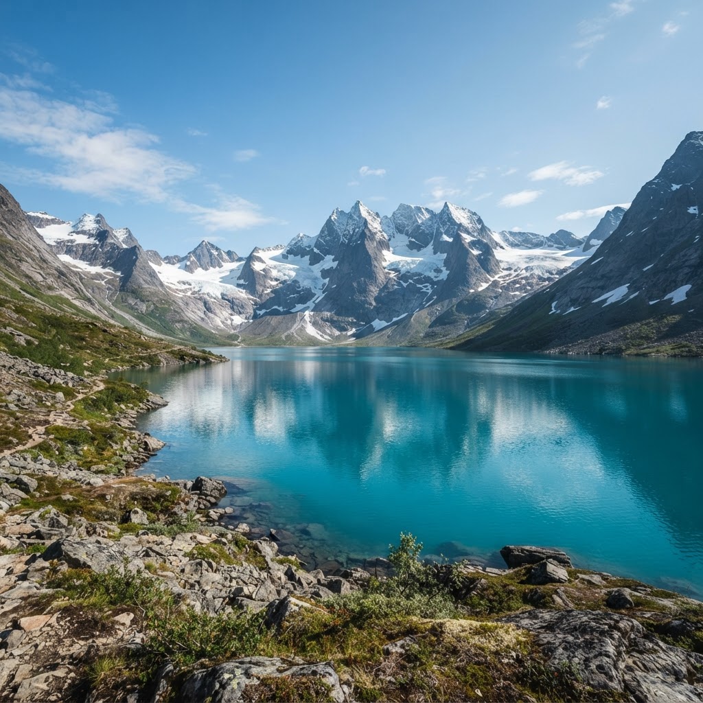 The iconic, vibrant blue waters of Blåvatnet set against the dramatic Lyngen Alps.