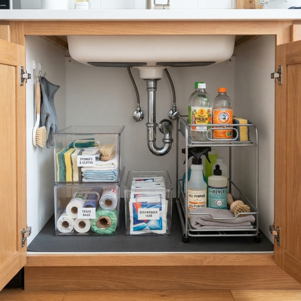 Pull-out organizers transform cluttered under-sink spaces.
