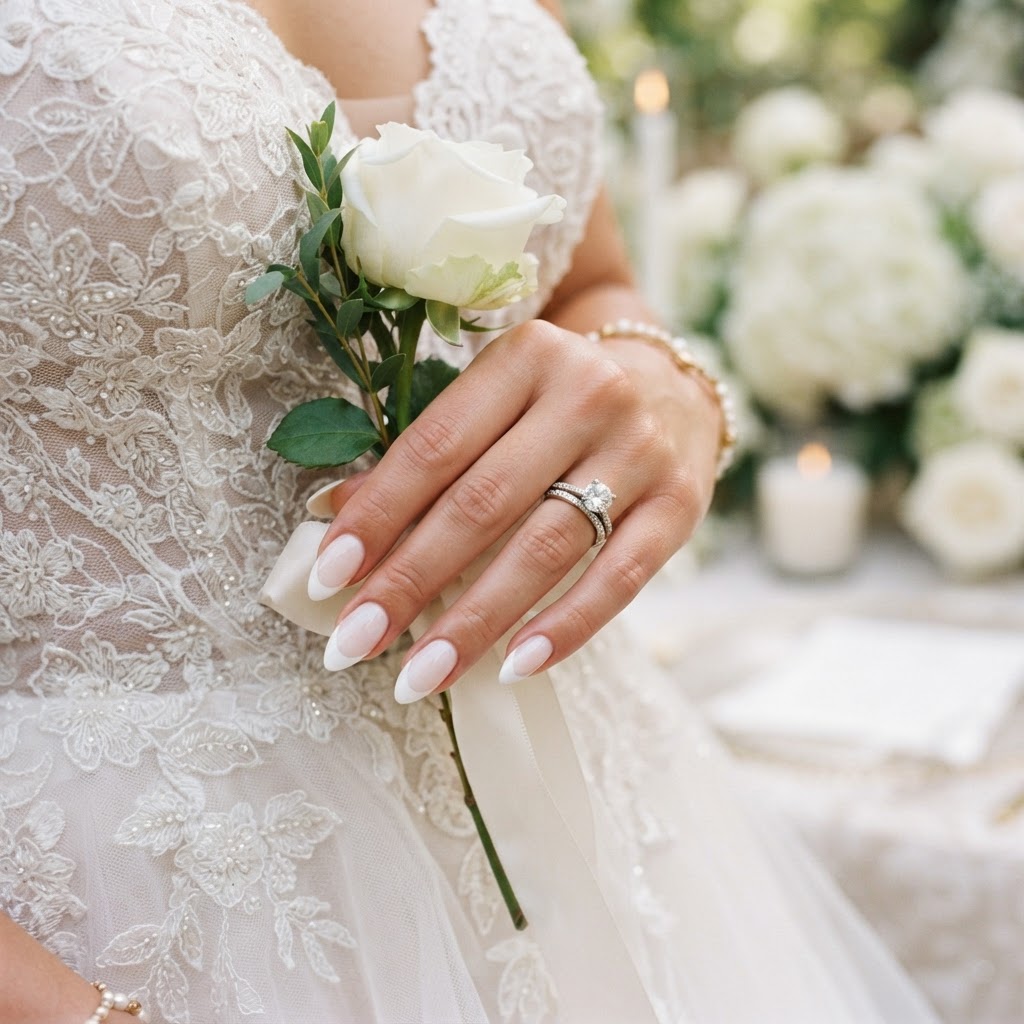 Classic almond-shaped white french tips are a staple for a timeless bridal look.