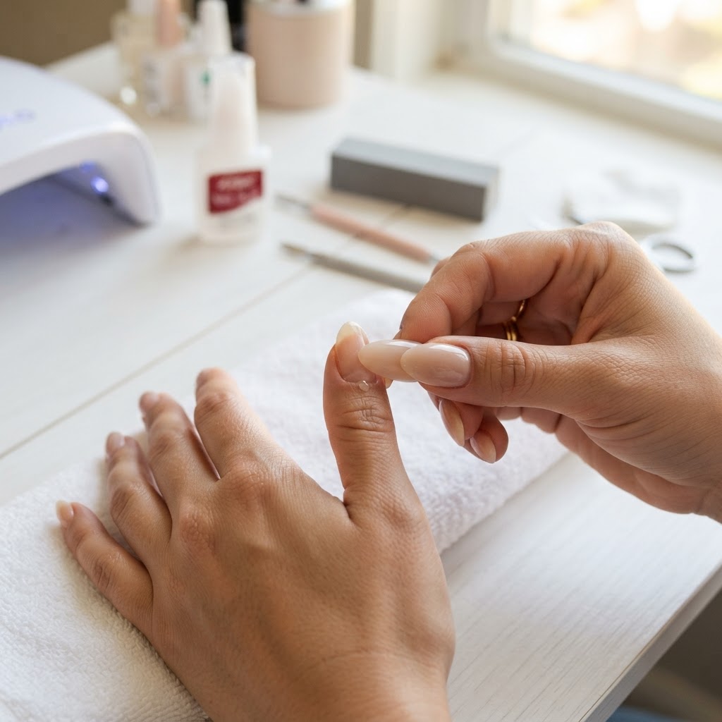 Applying press-on nails with precision for long-lasting results.
