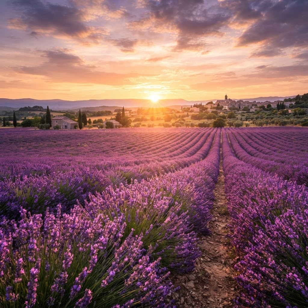 The golden hour light creates a dreamy atmosphere over the Valensole lavender fields.