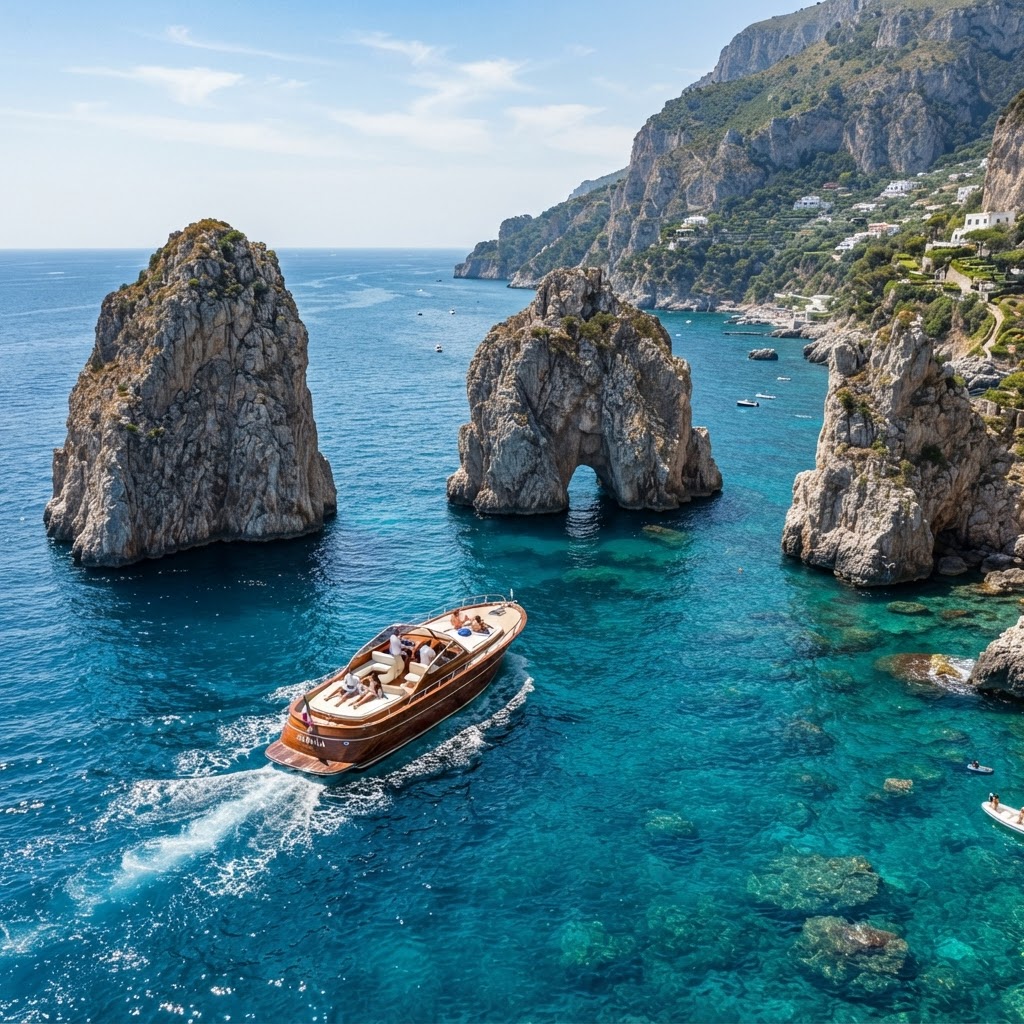 Cruising past the iconic Faraglioni rocks on a sunny day.