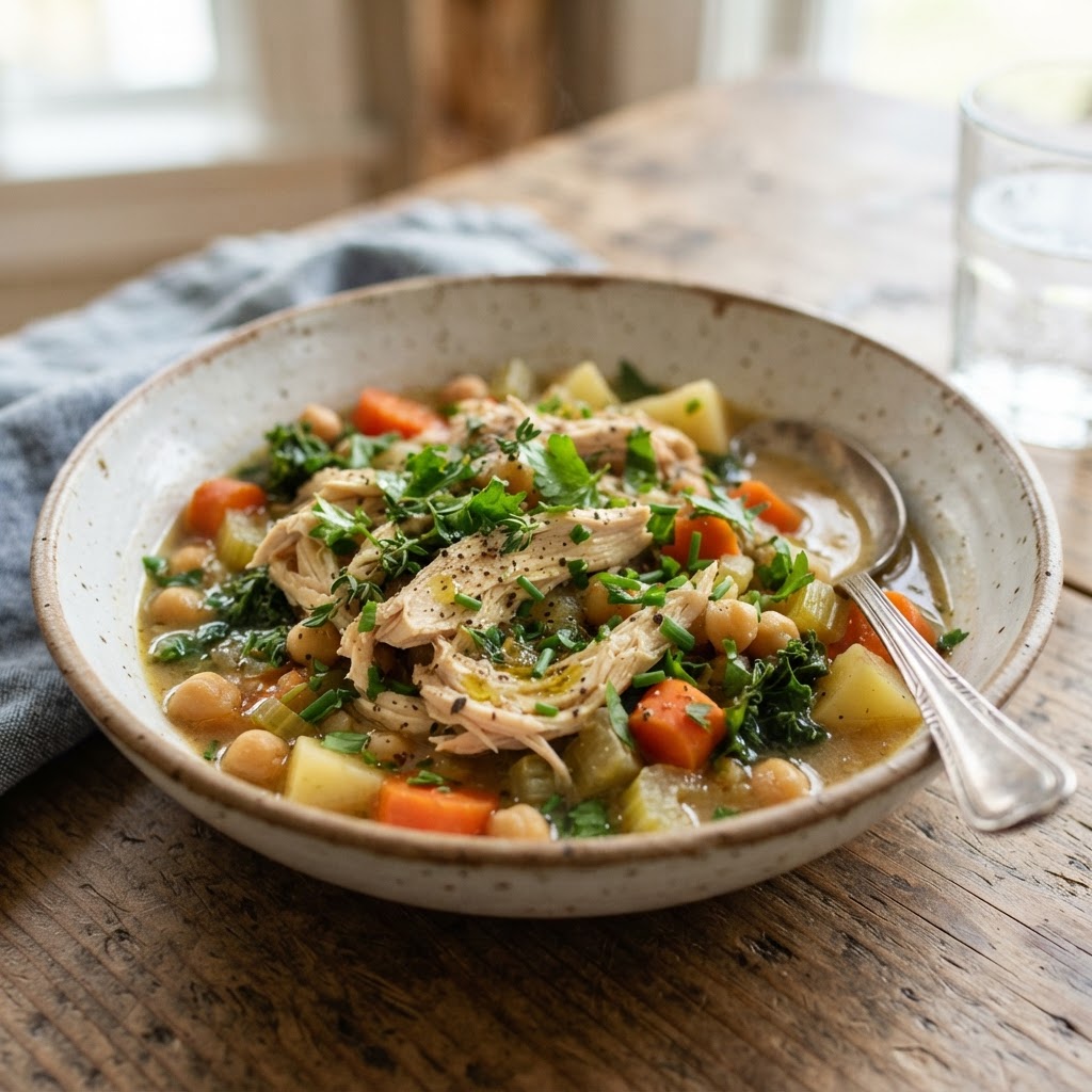 A nutritious and healthy slow cooker chicken dinner.