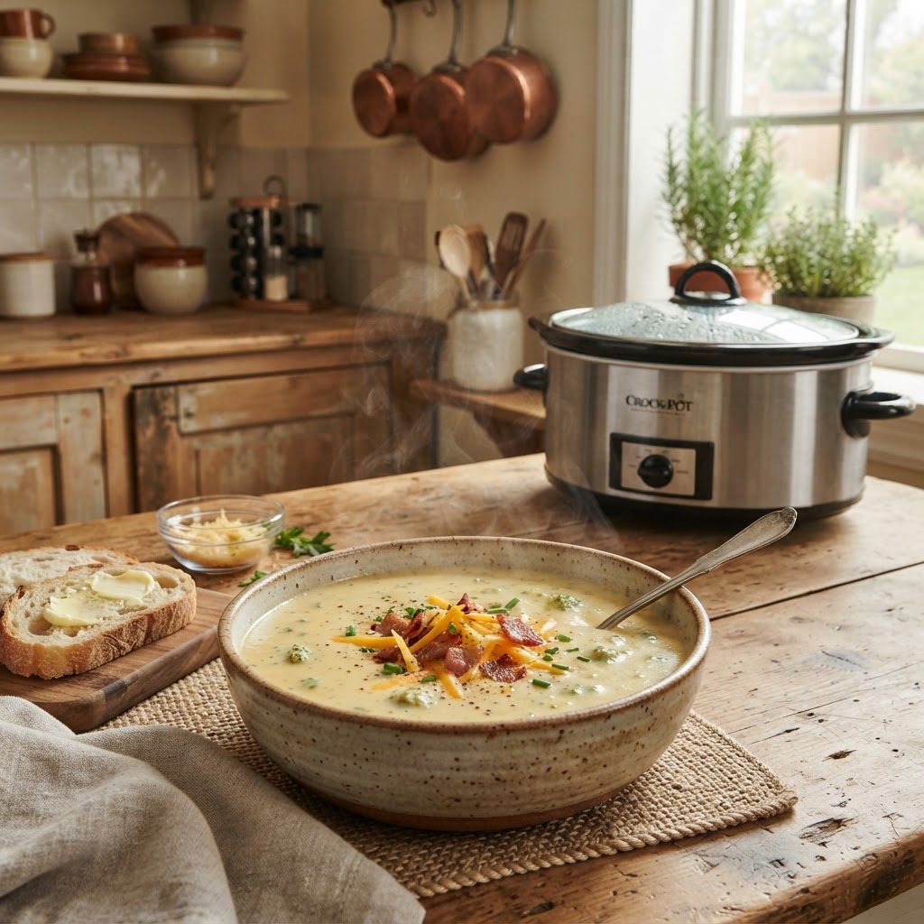 A steaming bowl of creamy broccoli cheddar soup ready for serving.