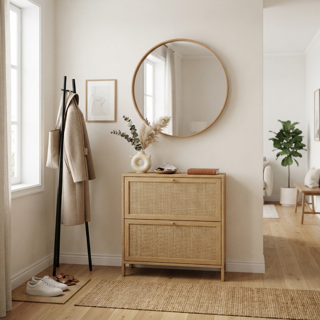 A beautiful rattan shoe cabinet provides a stylish focal point for a small entryway.