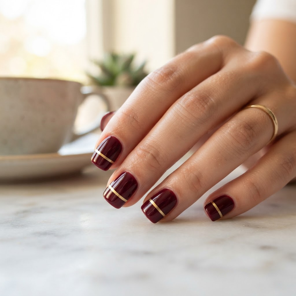 Minimalist square-shaped nails with a chic gold and red design.