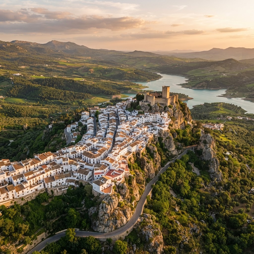A cliffside village in Southern Spain glowing in the golden hour light.