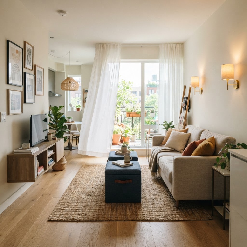 Layered lighting and multi-functional furniture keep this compact space feeling open and airy.