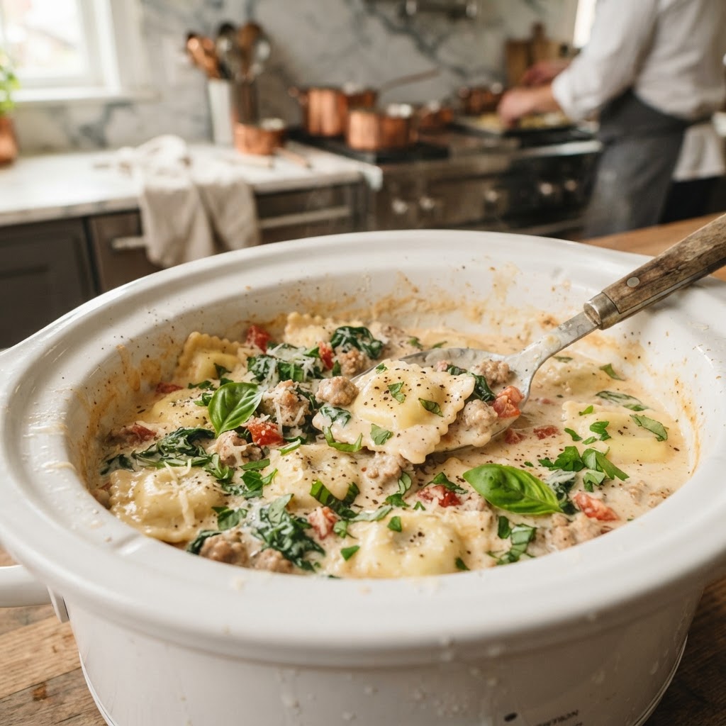 Creamy sausage and ravioli dump dinner.