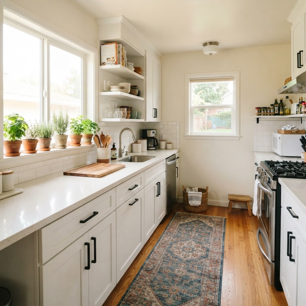 Small updates like new hardware and rugs can refresh a rental kitchen.
