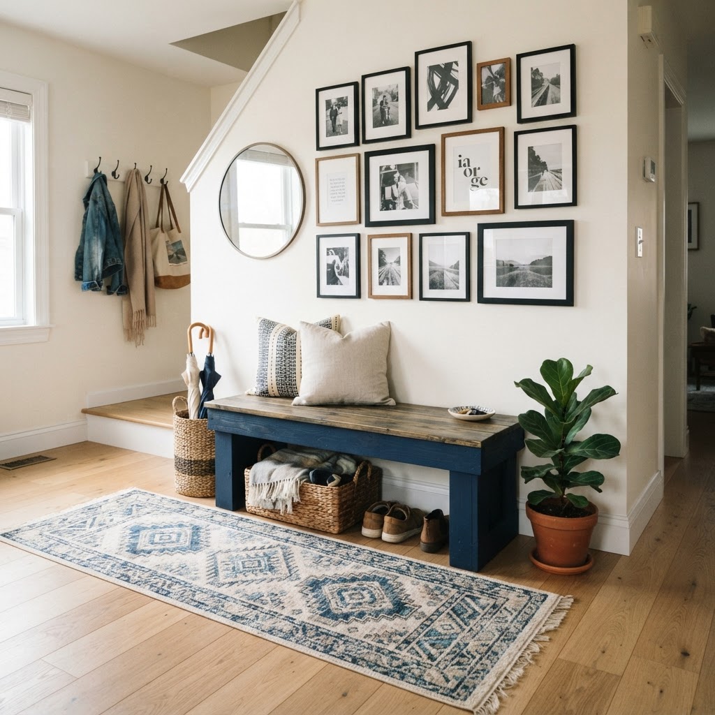 A DIY painted bench adds character and extra storage to your entry.