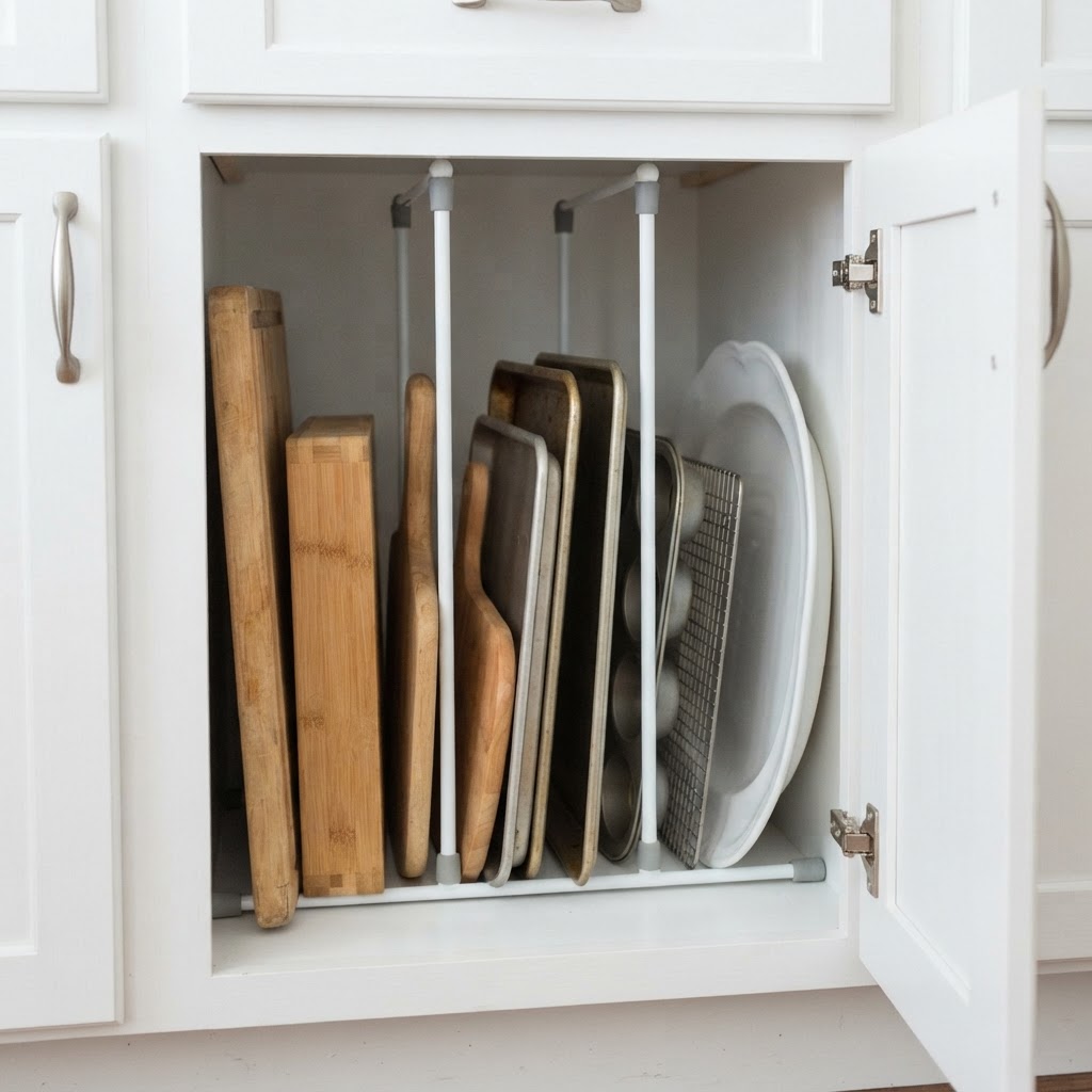Tension rods turn dead space into perfect vertical storage for kitchen items.