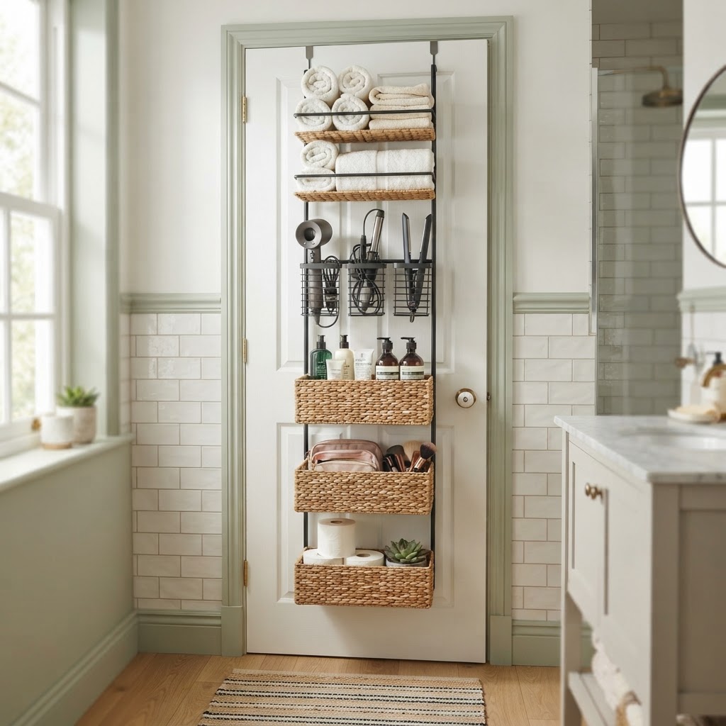 Utilizing the back of your bathroom door is a genius way to gain extra storage space.