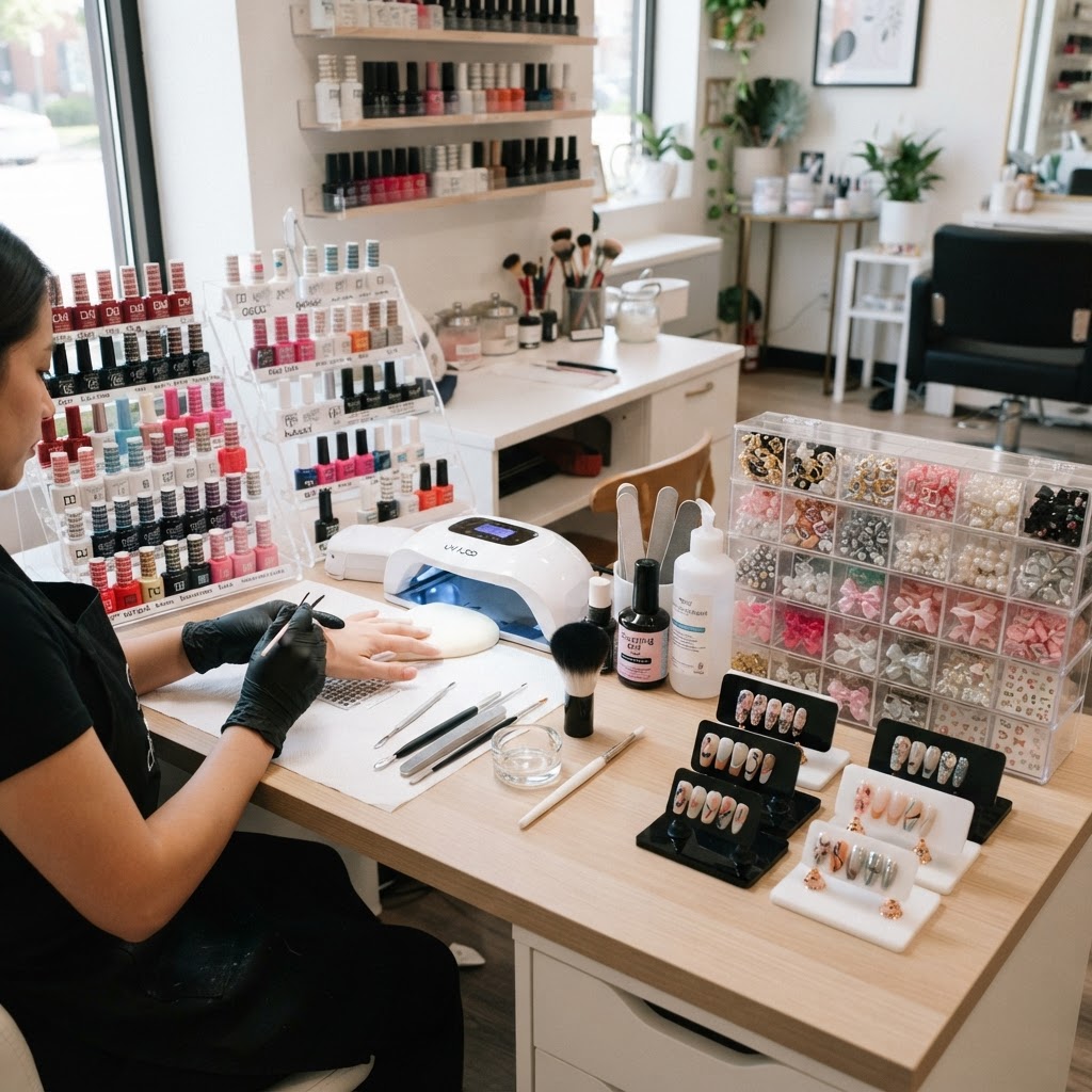 A professional nail tech's setup for creating custom press on nails.