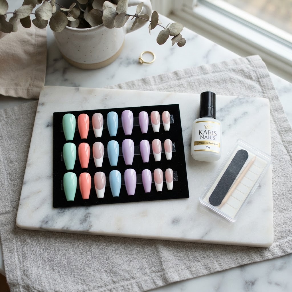 A complete kit of press-on nails for a salon-quality manicure at home.
