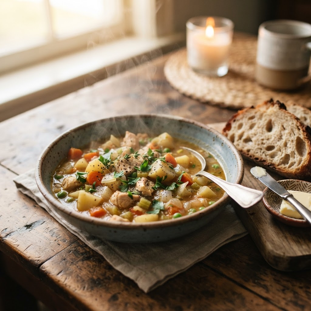 A bowl of homemade chicken stew served with fresh bread.