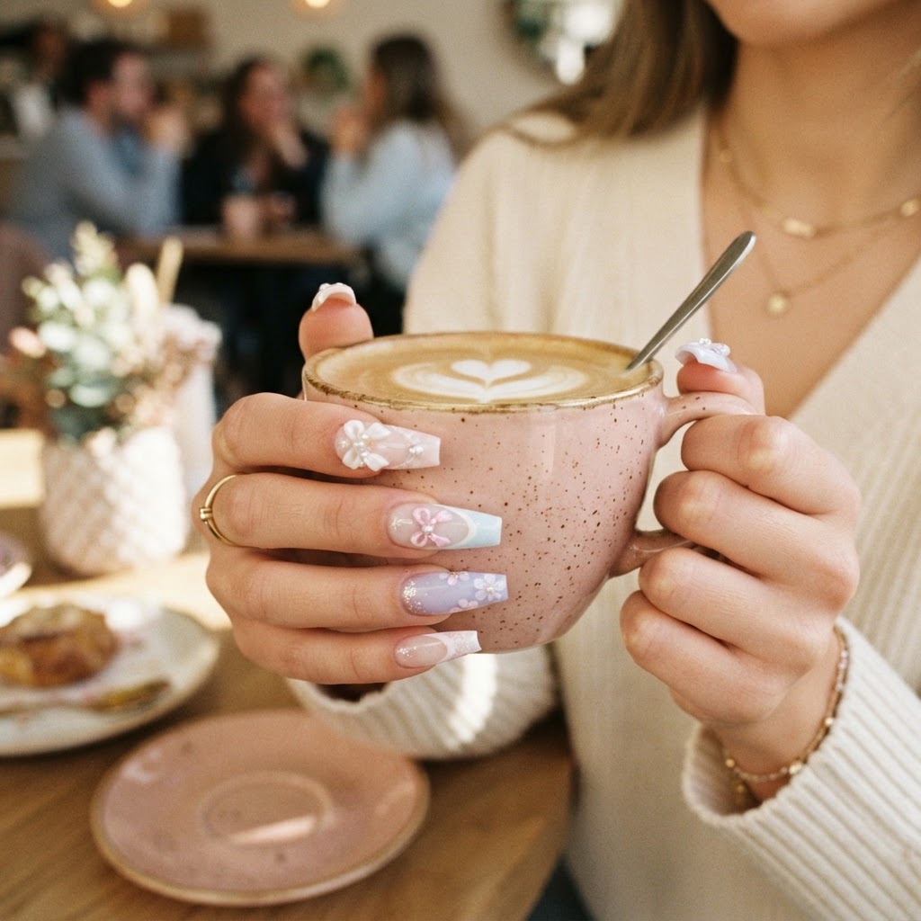 Trendy coquette-inspired press-on nails for a chic and feminine aesthetic.