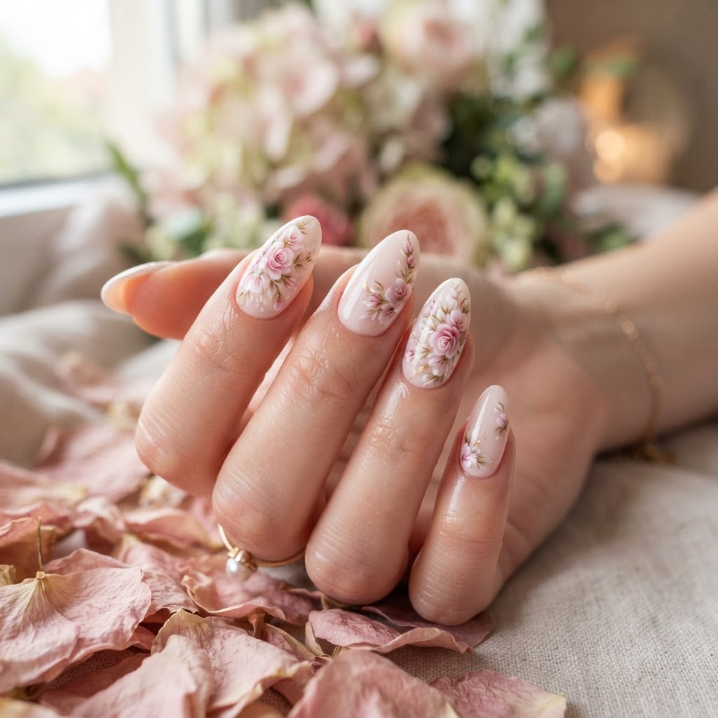 Elegant almond-shaped nails featuring soft pink floral art.
