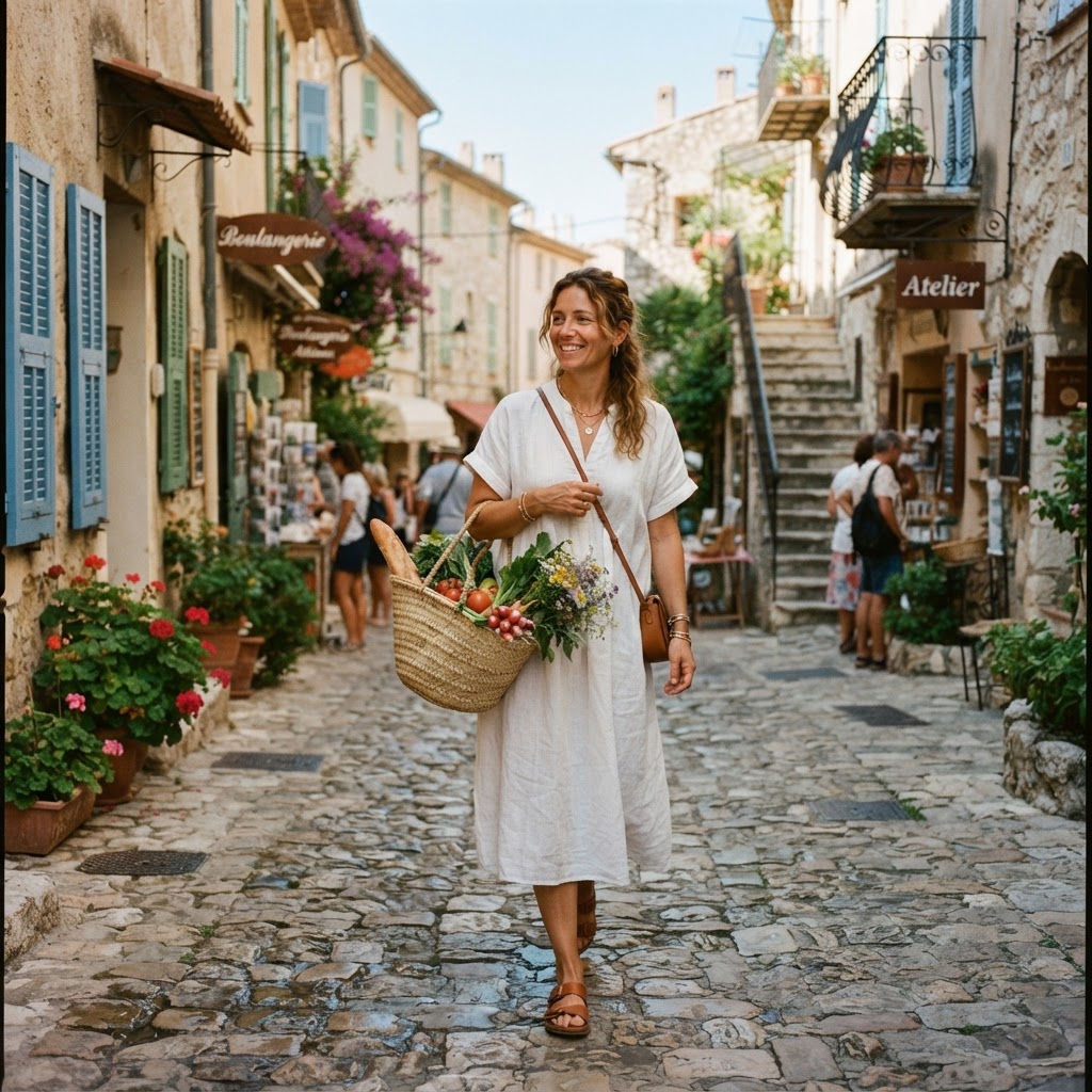 Effortless elegance in a linen dress, the staple of French summer style.
