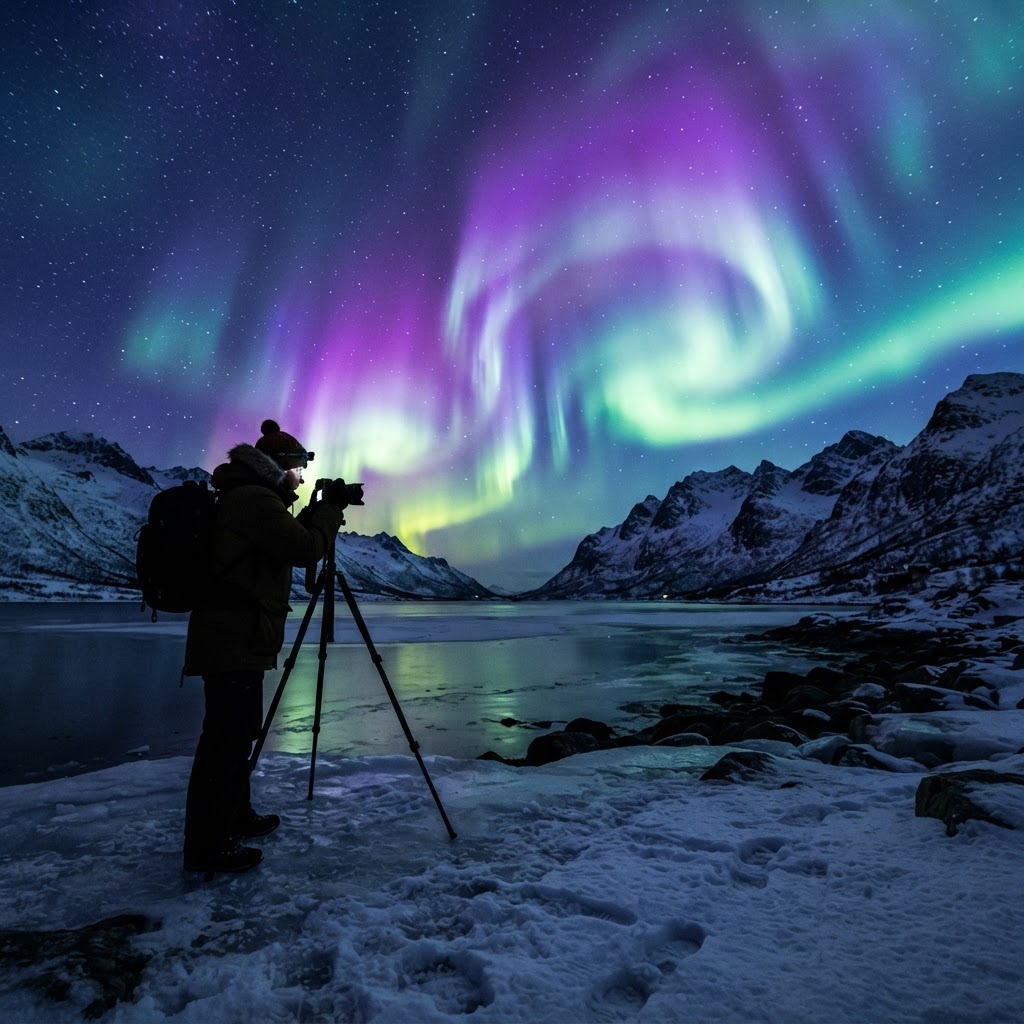 Capturing the magic of the lights in the cold night air.
