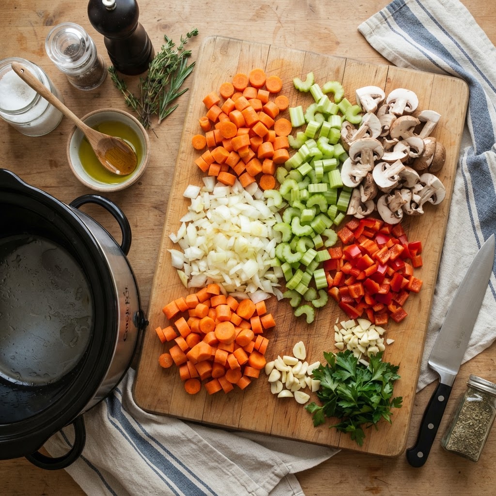 Preparing fresh ingredients for a healthy, simple soup recipe.