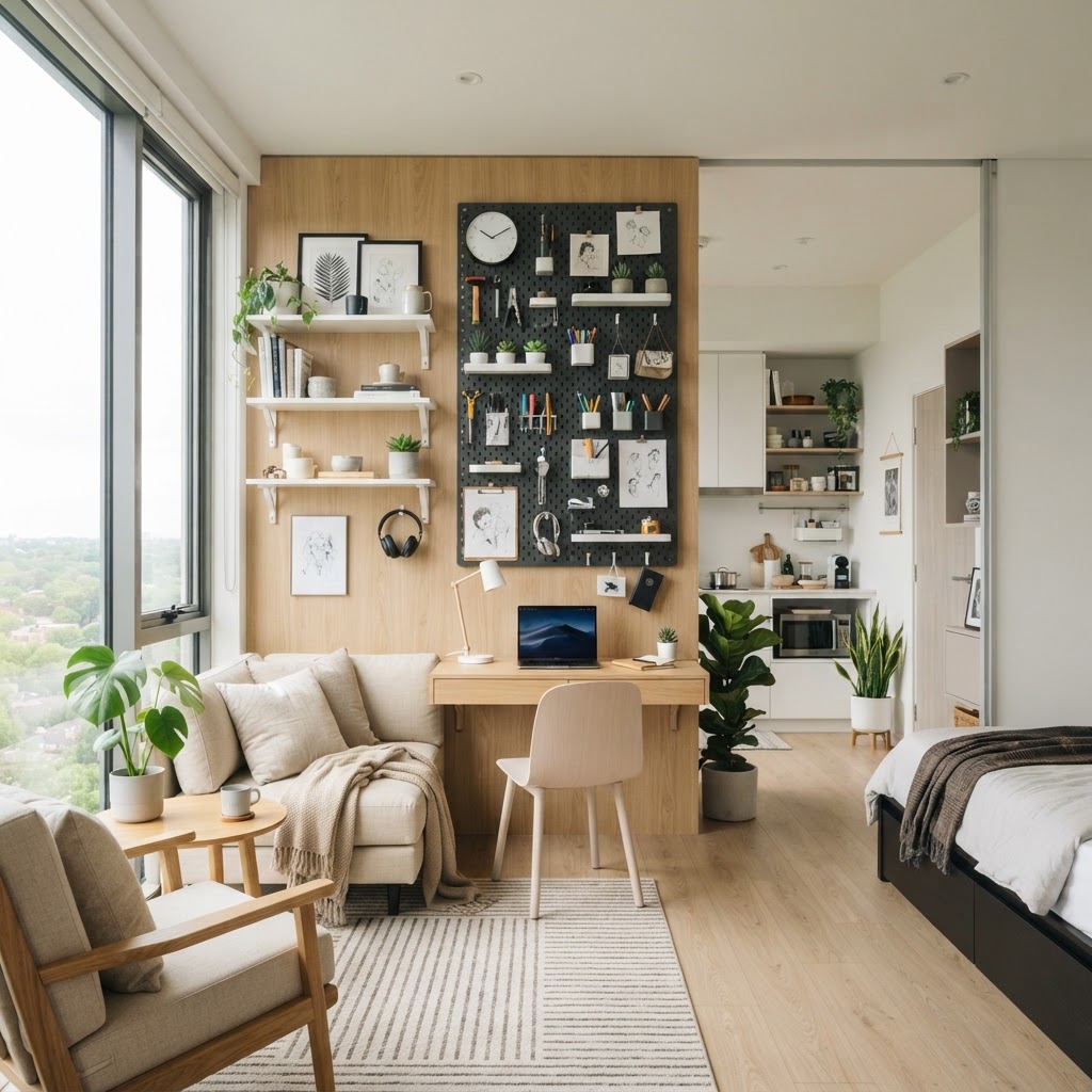 Utilize vertical wall space with pegboards and floating shelves.