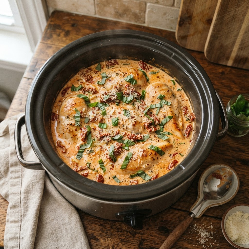 The finished Crock Pot Marry Me Chicken, perfectly creamy and ready to serve.