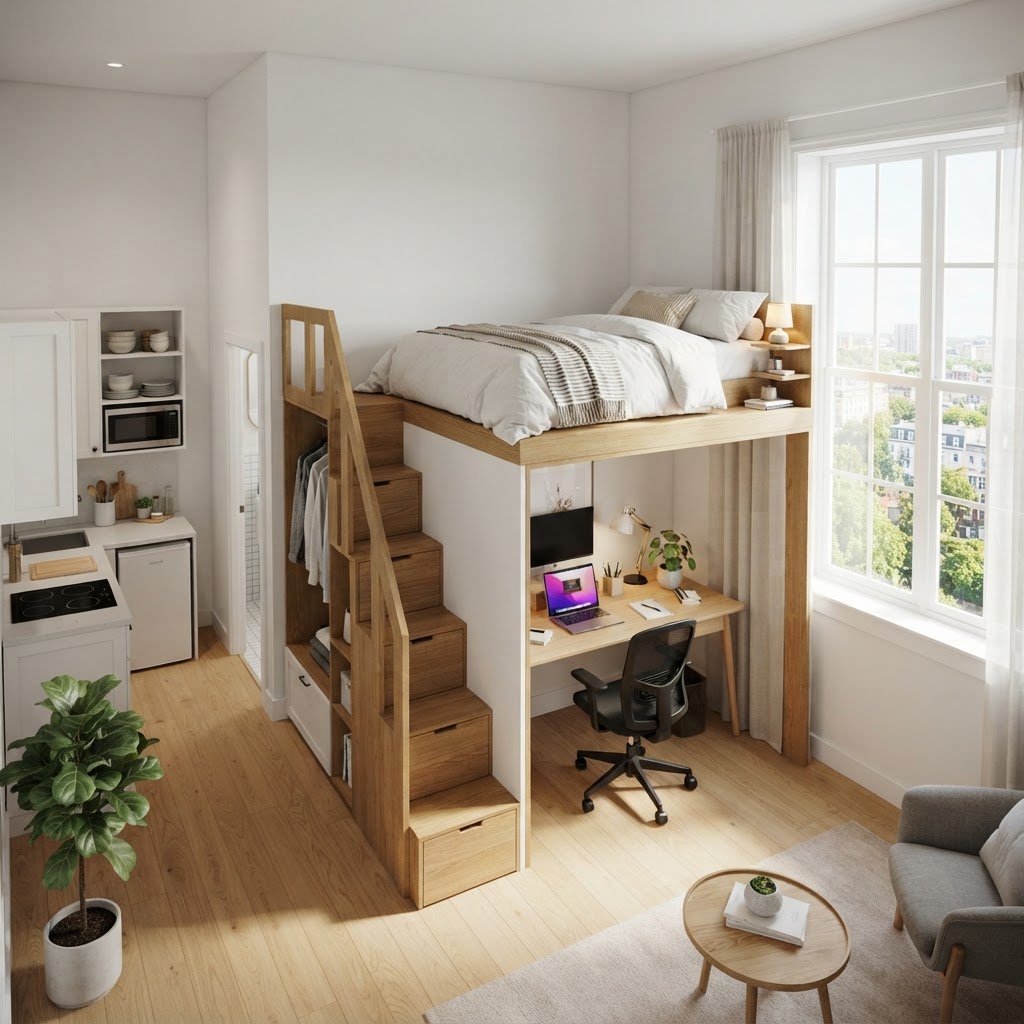 Maximizing vertical space with a loft bed is a game-changer for small studios.