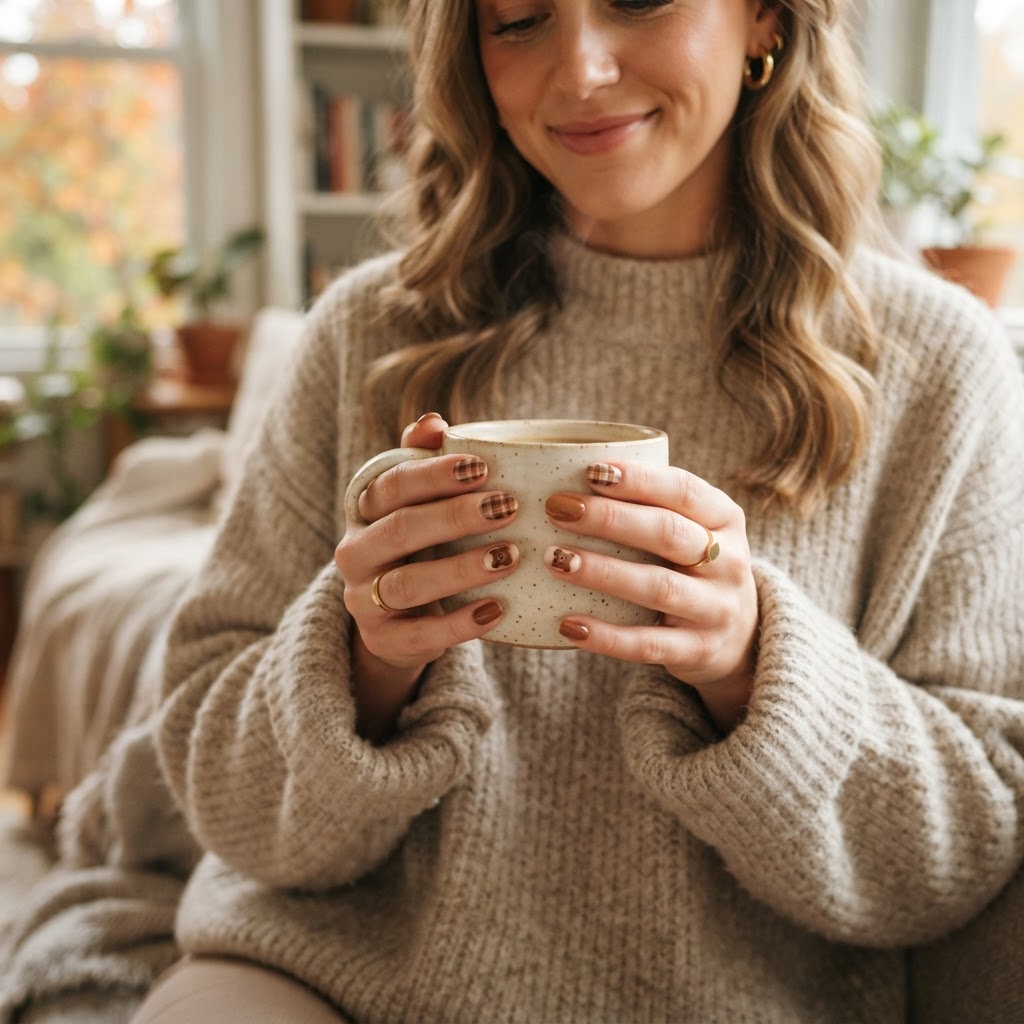 Perfect winter aesthetic with bear plaid nails.