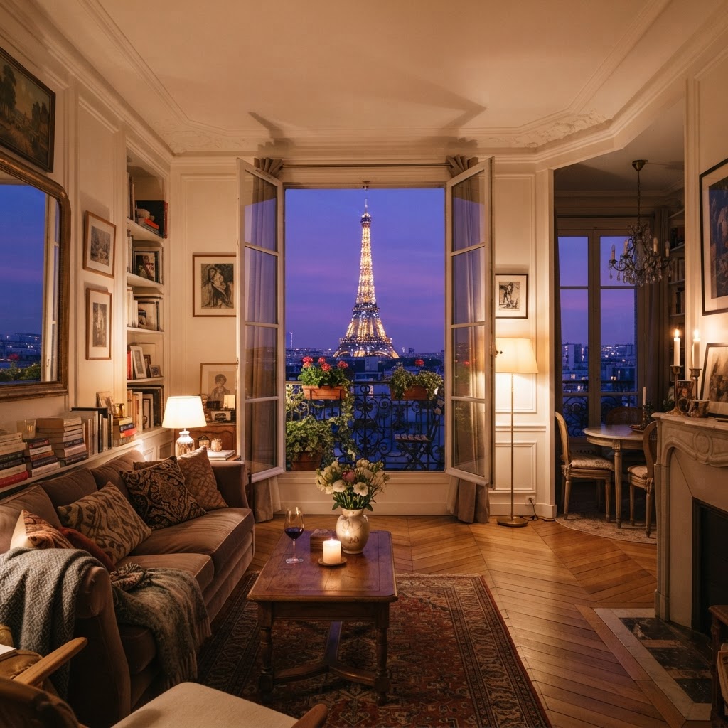 A serene evening view from a private apartment window.