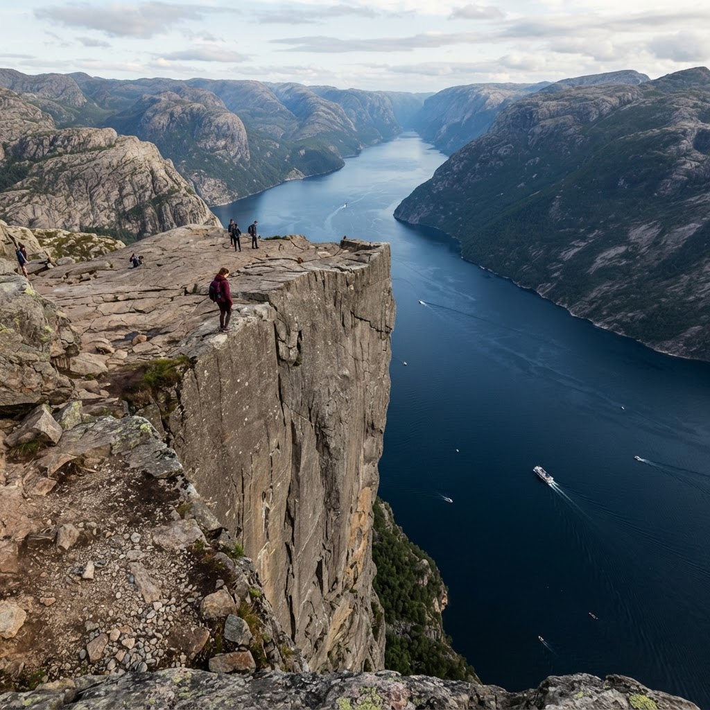 7 Fjords That Look Unreal: A World Traveler's Guide 4 A hiker's perspective from the iconic Pulpit Rock above Lysefjord.