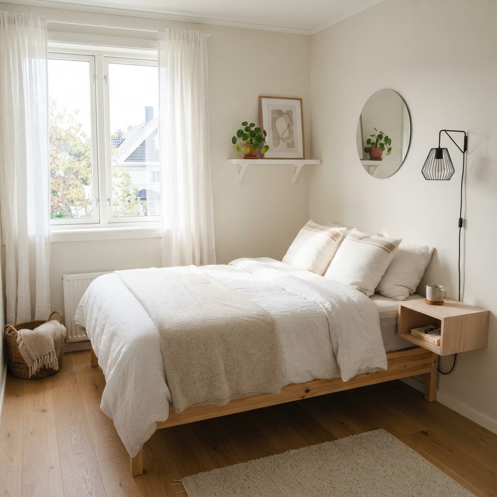 Using a corner layout and floating shelves helps maximize floor space.
