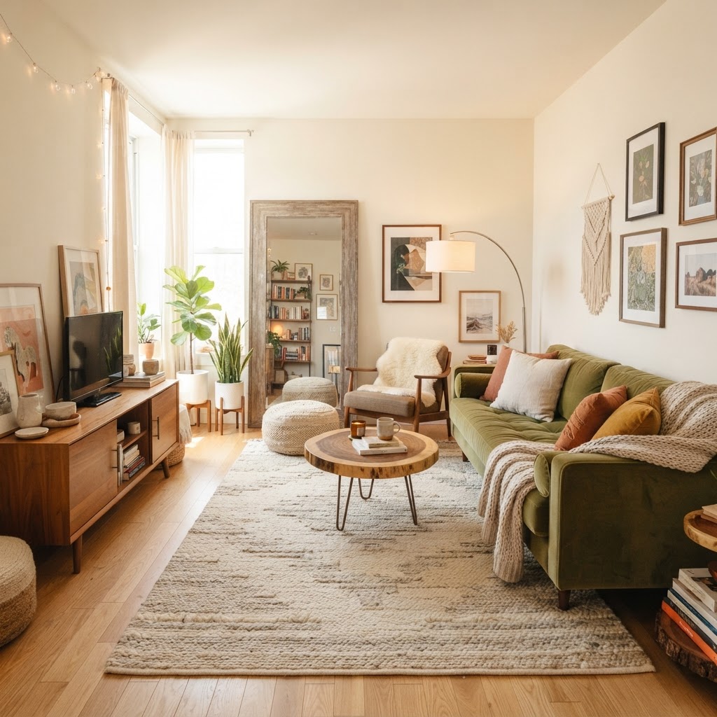 Layering textures and using floor-to-ceiling mirrors makes small rooms feel open.