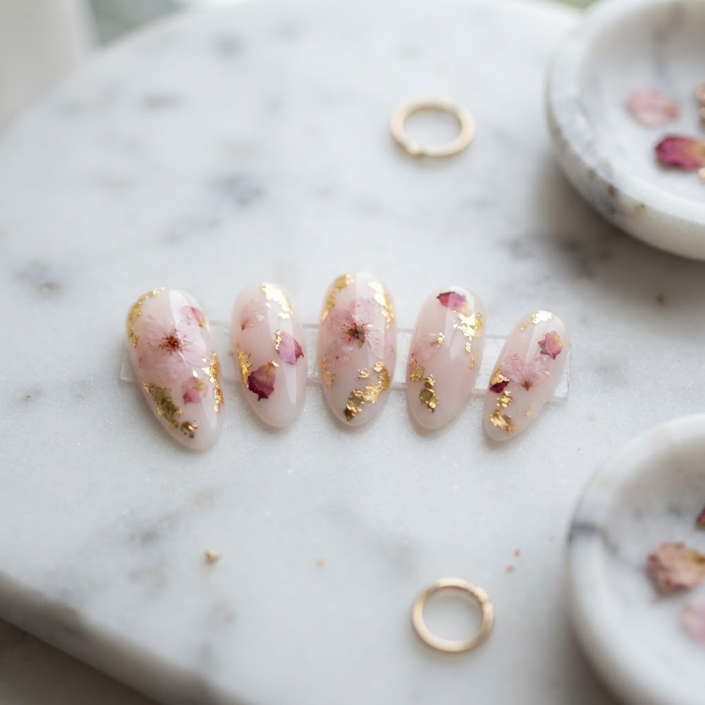 Elegant almond-shaped nails with delicate floral details.