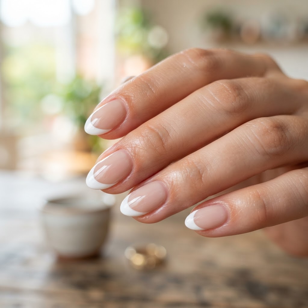The classic almond shape paired with a crisp white french tip creates an elongated, elegant appearance for short nails.