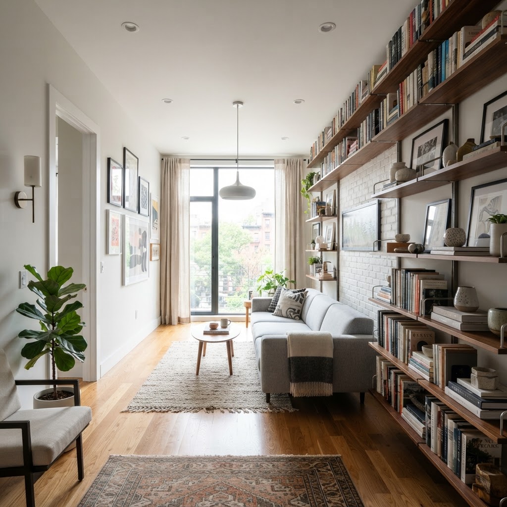 Vertical shelving is essential for small rooms to keep the floor clear.