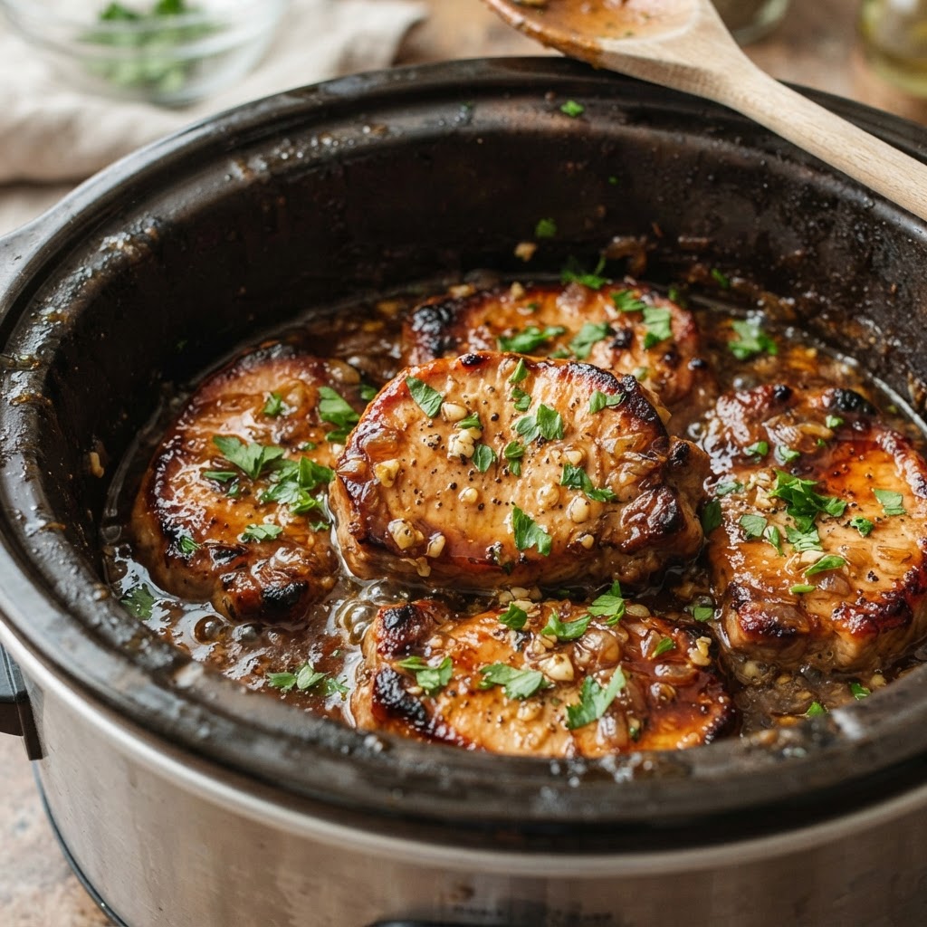 The perfect honey-glazed tender pork chops prepared in a slow cooker.