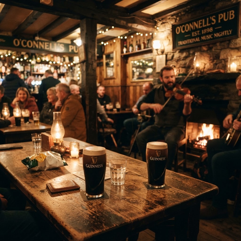 Traditional Irish music sets the mood in a cozy Dublin pub.