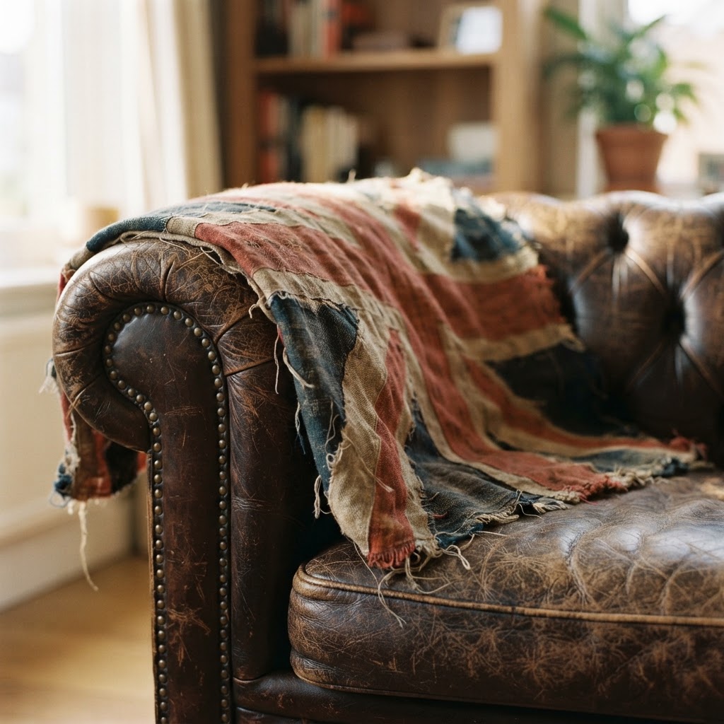 Using distressed textures for the English flag helps maintain a sophisticated and authentic vintage feel.