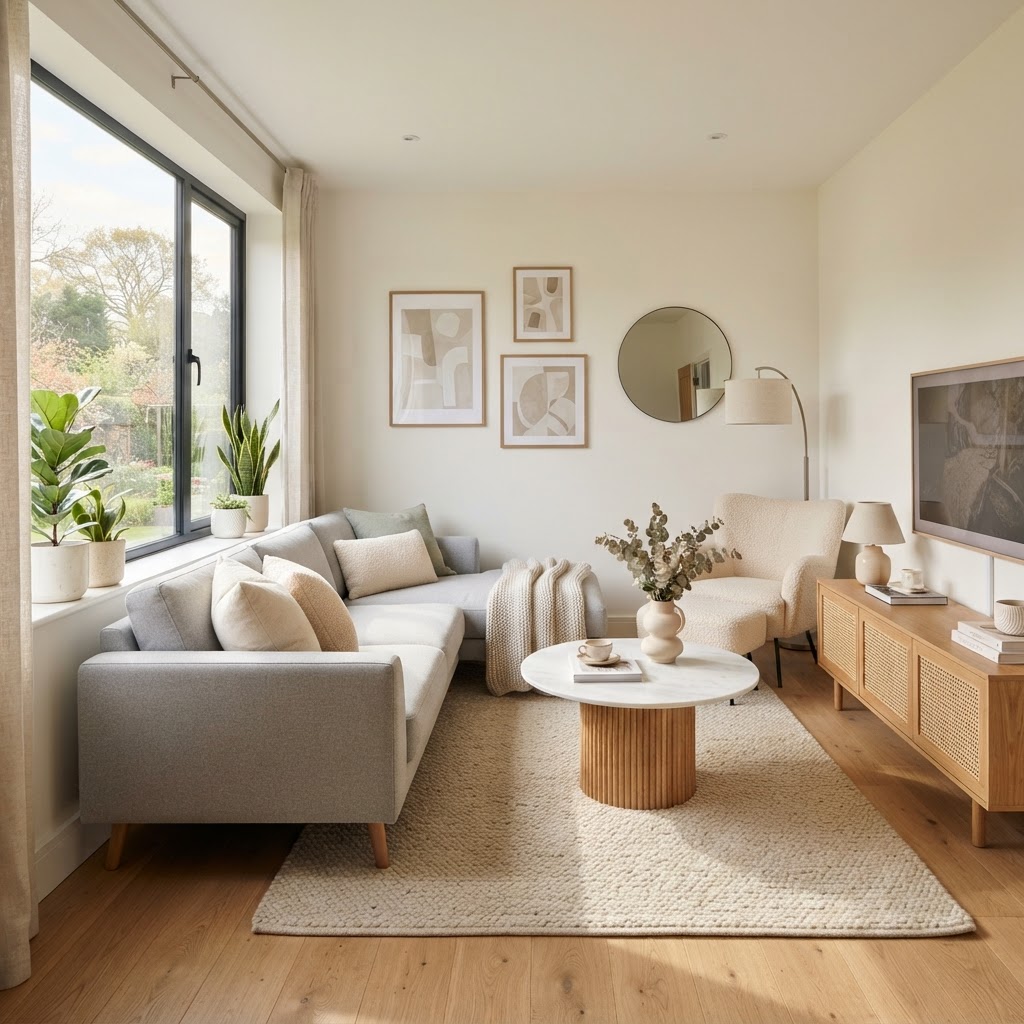 A well-chosen, leggy sectional sofa makes a small living room feel spacious and inviting.