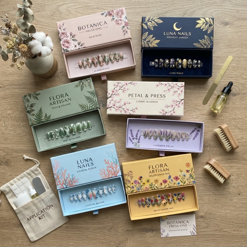 Curated selection of handmade luxury press-on manicure sets.