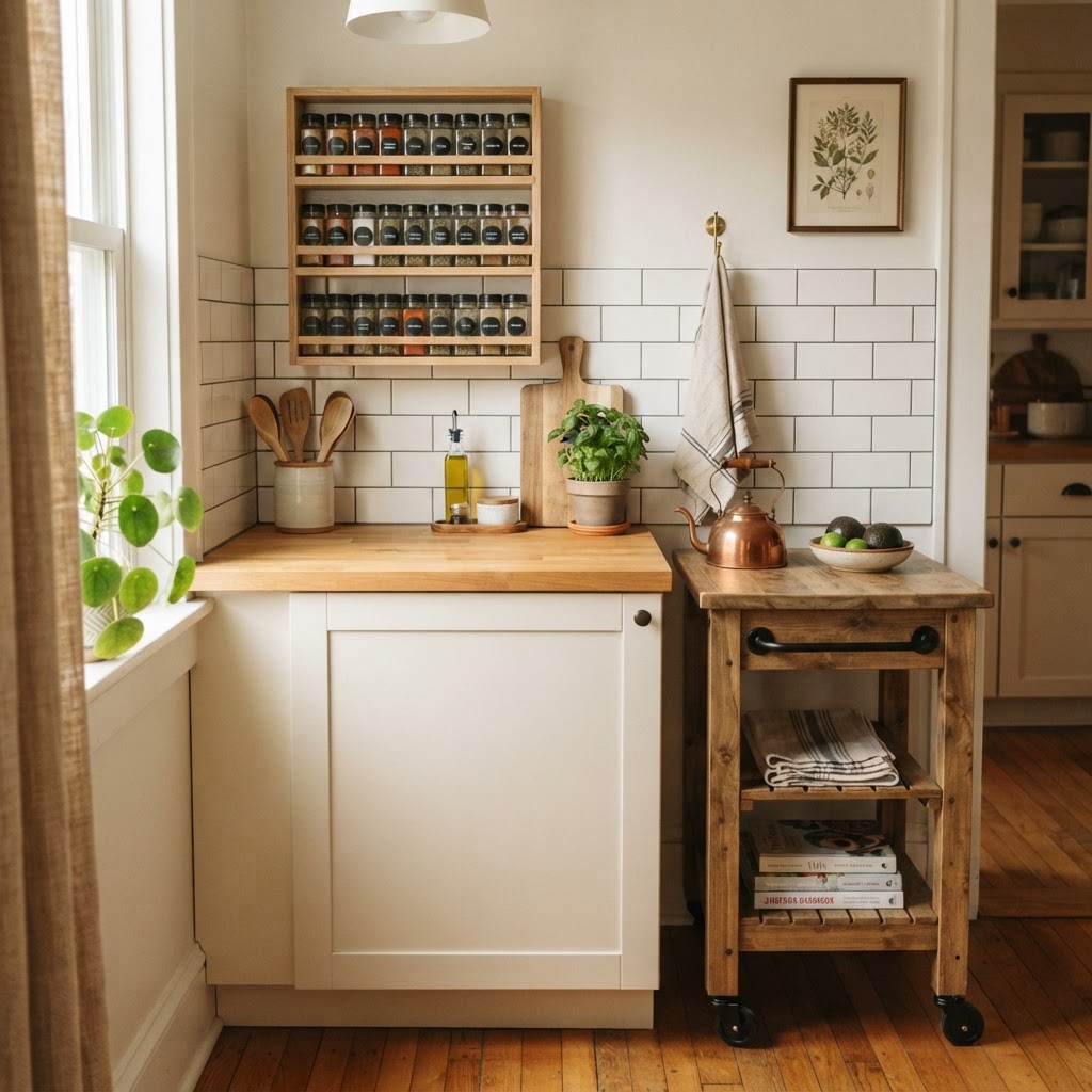 Rolling carts and wall racks provide extra storage for small kitchens.